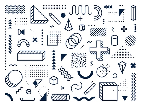 Abstract geometric shapes. Outline circle, triangle and cube. Trendy memphis style symbols, lines and dots patterns vector set
