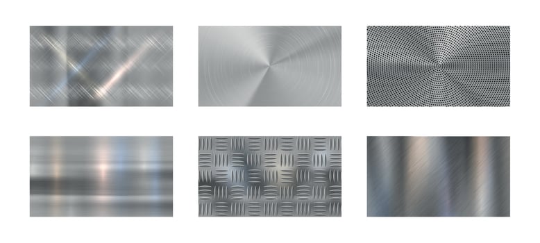 Brushed metal. Steel metallic texture, polished chrome and silver metals shine realistic vector background set