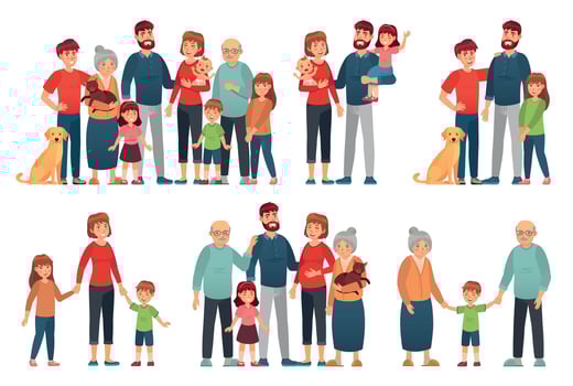 Cartoon family portraits. Happy parents and children portrait, old grandmother and grandfather. Big family vector illustration set