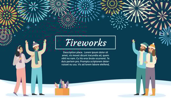 Friends launching fireworks. Group of people celebrating holidays and watching firework explosions vector illustration