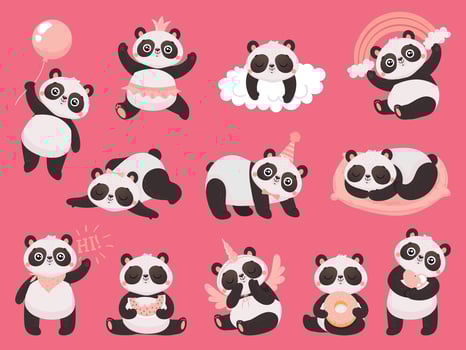 Cartoon cute panda. Little baby pandas, adorable sleeping animals and pink princess panda bear vector illustration set