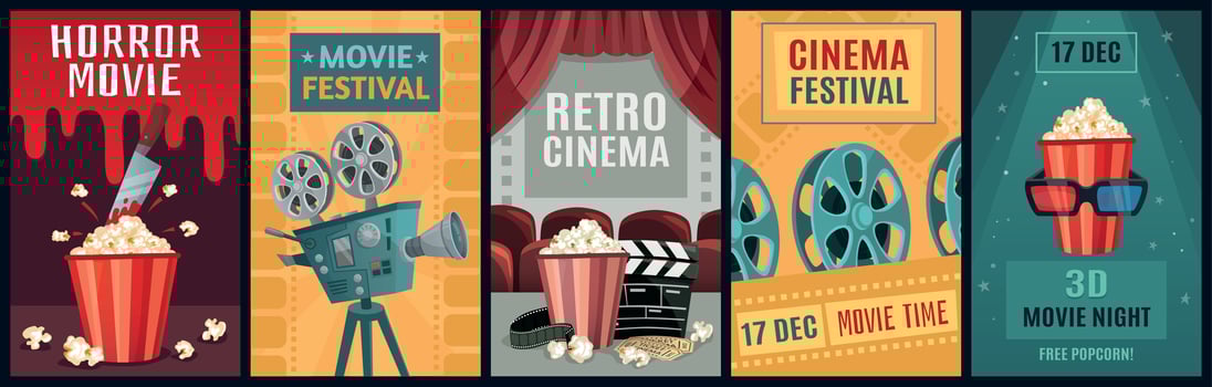 Movie poster. Horror film, cinema camera and retro movies night posters template vector illustration set