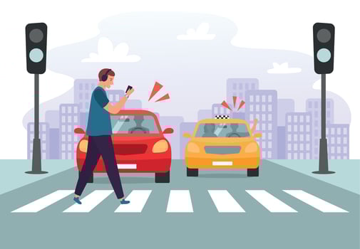 Crosswalk accident. Pedestrian with smartphone and headphones crossing road on red traffic lights, road safety vector illustration