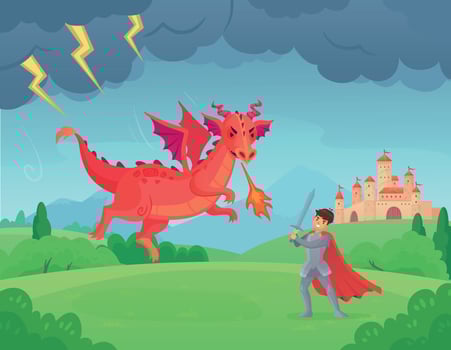 Cartoon fairytale knight fights dragon. Swordsman fighting evil monster, hero battle with dragons medieval legend vector illustration