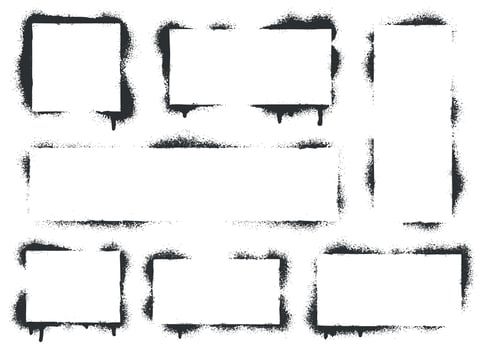 Spray paint graffiti stencil frames. Black airbrushing paint banner, stenciling backdrop and spray paint texture borders vector set