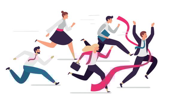 Office team crosses finish line. Team leader tears red finish ribbon, teamwork competition and successful professionals run together flat vector illustration