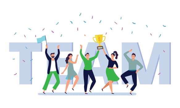 Team of corporate people celebration. Happy office workers celebrate win golden cup, teamwork trophy and success persons flat vector illustration
