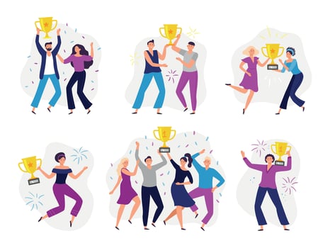 People win cup. Couple winners, man and woman holding gold cup. Success business tram win prize and celebrating victory vector illustration set