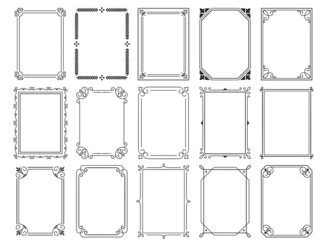 Vintage calligraphic frames. Ornate calligraph frame, retro elegant ornamental borders and filigree floral ornaments for framed certificate template vector illustration set