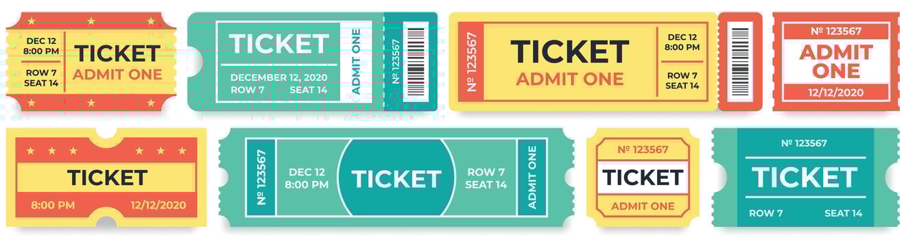 Admit one tickets. Circus entries coupon, retro cinema ticket and movie entrance coupons vector set