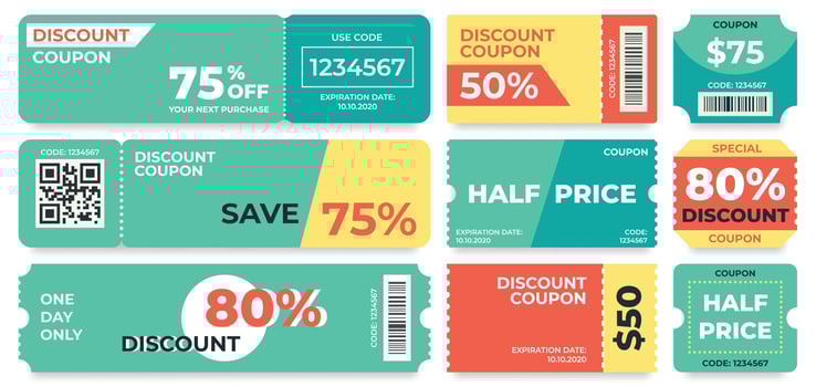 Discount coupon. Half price offer, promo code gift voucher and coupons template vector set