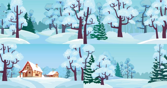 Cartoon winter forest landscapes. Village in woods with snow caps on houses, snowed field and winter trees vector illustration set