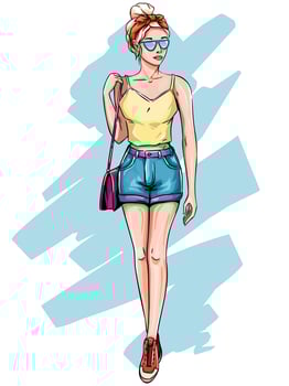 Blonde girl in fashionable clothes. Hand drawn young woman with blond hair in sunglasses, fashion summer shorts sketch vector illustration