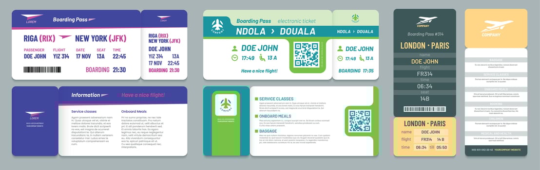 Airline tickets. Airplane boarding pass, travel flight invitation and business airplane trip ticket vector illustration set