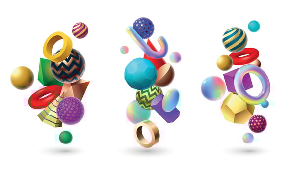 Abstract 3D shape composition. Memphis geometric basic shapes, cube and spheres geometry vector illustration set