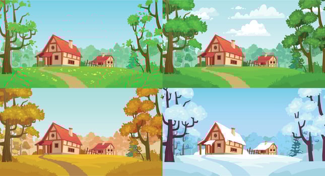 Cartoon house in woods. Forest village four seasons landscapes. Spring, summer, autumn and winter trees vector illustration