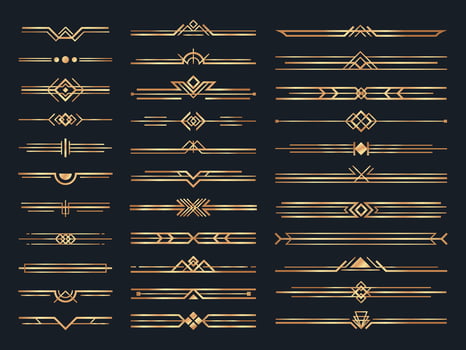 Golden art deco dividers. Vintage gold ornaments, decorative divider and 1920s header ornament vector set