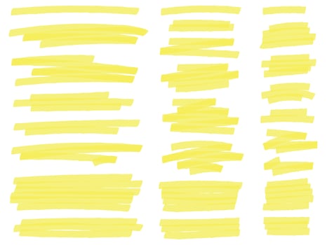 Highlight marker lines. Yellow text highlighter markers strokes, highlights marking vector set