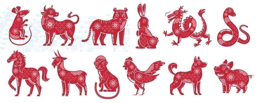 Chinese Zodiac New Year signs. Traditional china horoscope animals, red zodiacs silhouette vector illustration set