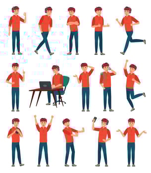 Cartoon male teenager character. Teenage boy in different poses and actions vector illustration set