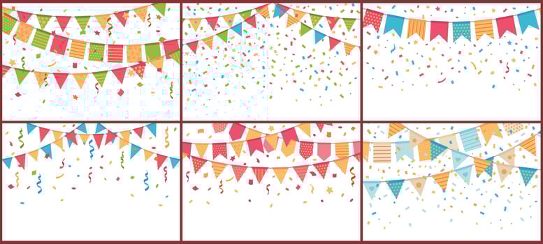 Birthday party bunting and confetti. Color paper streamers, confettis explosion and buntings flags cartoon vector background set