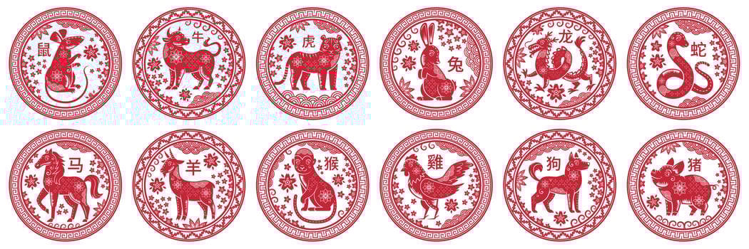 Round Chinese zodiac signs. Circle stamps with animal of year, china New Year mascot symbols vector set