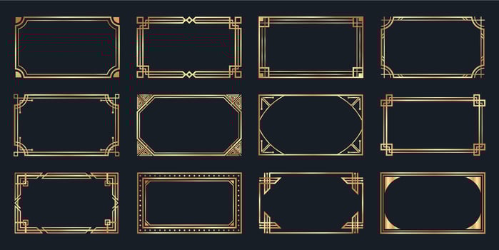 Golden ard deco frames. Vintage decorative frame, gold ornaments borders and geometric lines ornament vector set. Elegant decorations with copyspace. Classic decorative design elements