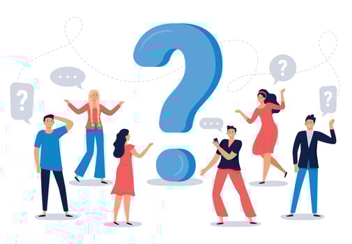 People ask question. Confused person asking questions, crowd finding answers and question sign vector illustration. Collective brainstorm, mutual assistance concept. Public problem solution service