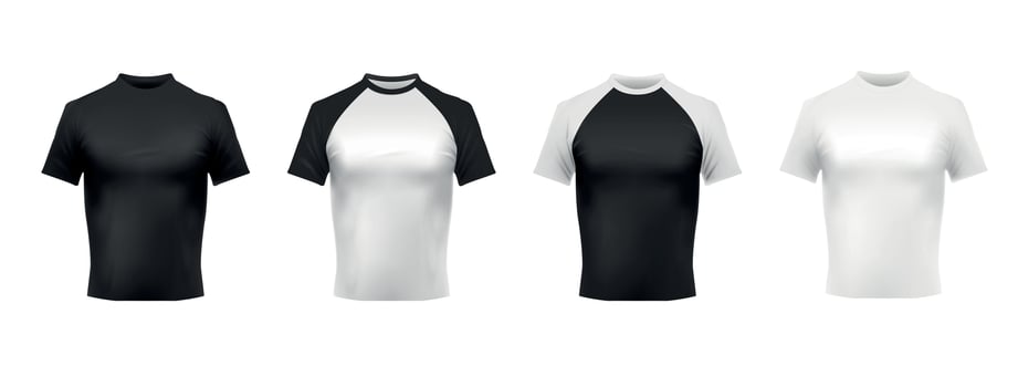 Black and white t-shirt mockup. Black polo, men shirt front view and shirts realistic template 3D vector set. Casual male clothing with short sleeves. Fashionable apparel, sportive garments