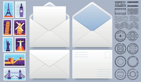 Mail envelope with post stamps. Postage stamp, stamps frames and realistic mail envelopes mockup template vector set. Open and closed paper envelopes, postal seals and postmarks with landmarks
