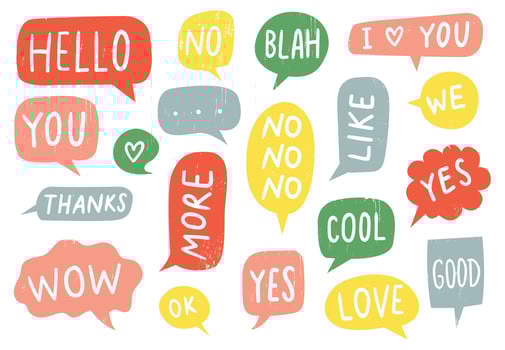 Textured speech bubble signs. Thanks sign, yes and no doodle. Hand drawn frames with ok, good and i love you text vector set. Multicolor text clouds with different words. Messaging design elements