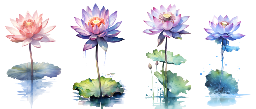 Watercolor painting in botanical style of lotus flowers clip art, png