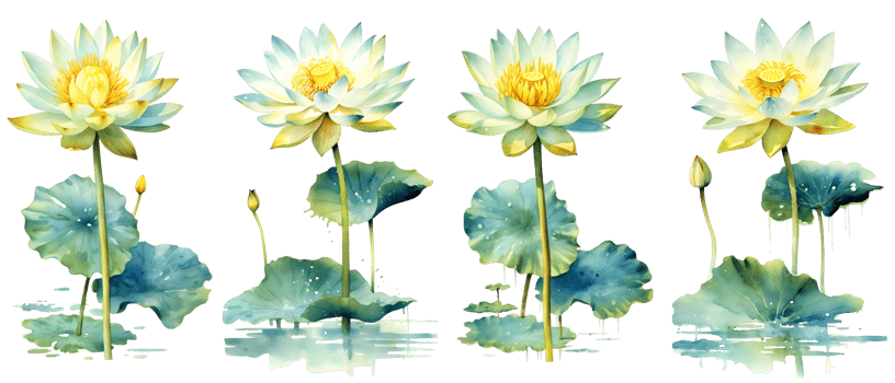 Watercolor painting in botanical style of White lotus flowers clip art, png