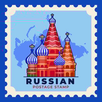 Russia postage stamp with Russia landmark and map on background vector