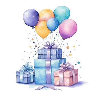 Watercolor Happy Birthday Gift Boxes with Balloons. Illustration png