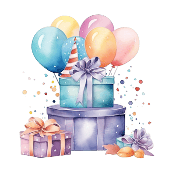 Watercolor Happy Birthday Gift Boxes with Balloons. Illustration png