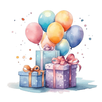 Watercolor Happy Birthday Gift Boxes with Balloons. Illustration png