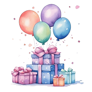 Watercolor Happy Birthday Gift Boxes with Balloons. Illustration png