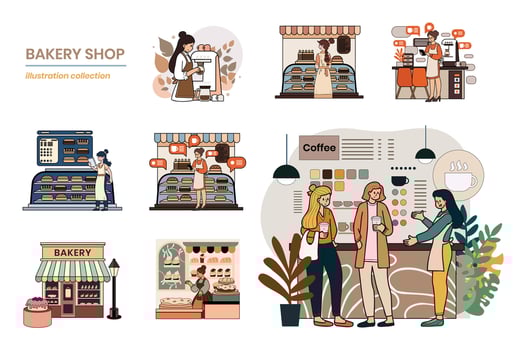 Hand Drawn Coffee shop with female barista collection in flat style illustration for business ideas vector