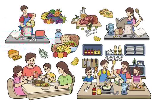 Hand Drawn family cooking collection in flat style illustration for business ideas vector