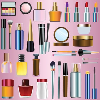 Beauty and spa vector illustration set with natural cosmetic products in bottles, tubes for makeup, skin and hair care on white background. Cream, shampoo, serum, shower gel, lotion, salt, soap