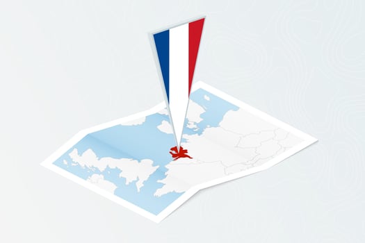 Isometric paper map of Netherlands with triangular flag of Netherlands in isometric style. Map on topographic background. vector