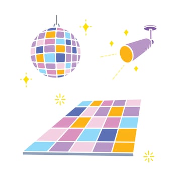 Colorful funky with purple orange dominated color disco or dance floor themed vector icon set silhouette isolated on square white background. Simple flat vector icon drawing with minimalist art style.