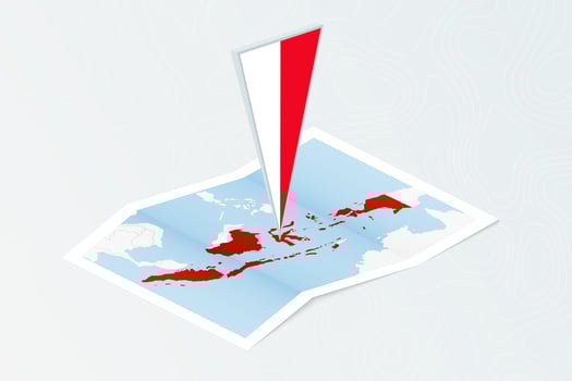 Isometric paper map of Indonesia with triangular flag of Indonesia in isometric style. Map on topographic background. vector