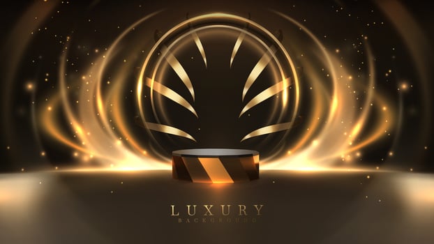 Gold podium empty on dark scene with ribbon element for products presentation and spotlight effect and beam decoration and bokeh. Luxury award ceremony background. vector