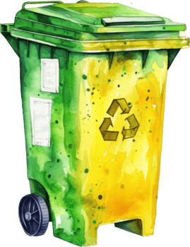 Yellow Blue Recycle Bin Watercolor Illustration. png