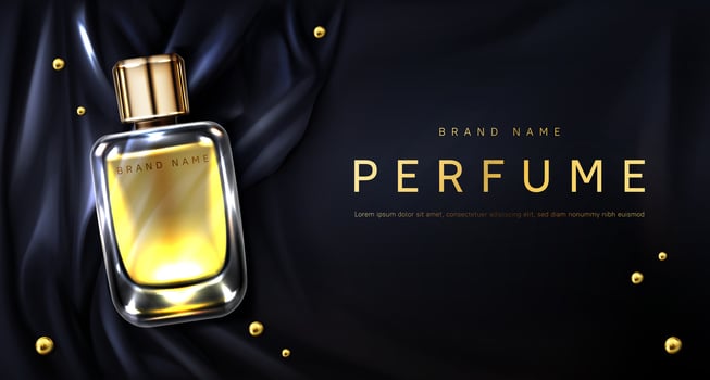Perfume bottle on black silk fabric background vector