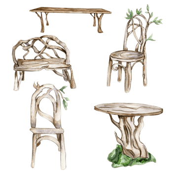 Wooden table, bench and chair for fairy. Watercolor hand drawn illustration . png