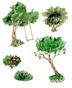 Green tree and bushes . Watercolor hand drawn illustration . png