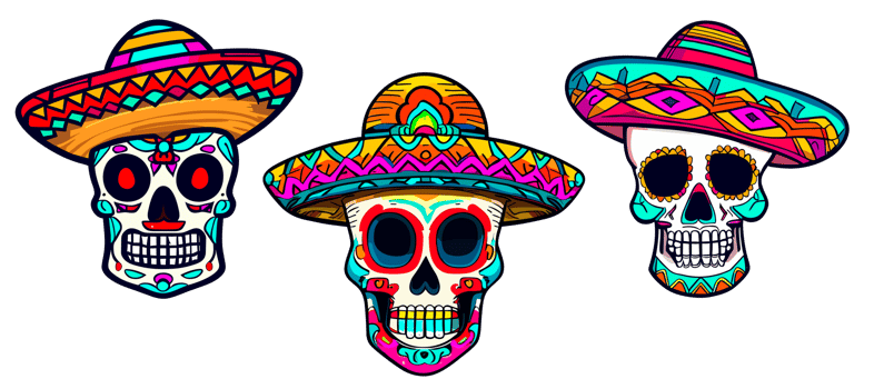 Set of Decorated Sugar skull with mexican hat isolated. Day of the Dead. png